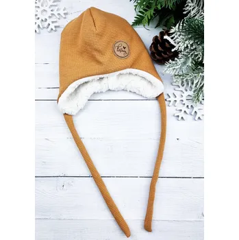 Čepice Kulišárny Ušanka s beránkem wafle MUSTARD White velikost / orientační věk: 1/ 0- 3m