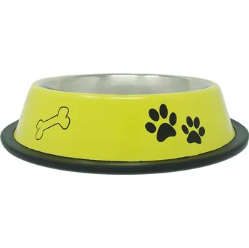 Miska pro psa PROFIZOO Miska nerezová protiskluzová s potiskem (tlapka/kost) 230 ml Jasmínově žlutá