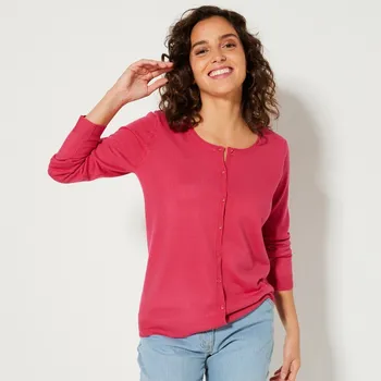 Dámský svetr Jednobarevný propínací svetr s kulatým výstřihem fuchsie 38/40