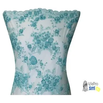 Metráž - Krajka TYRKYSOVÁ KORÁLKY LZ93418106 - látka na společenské šaty - Tyrkys, 129 cm