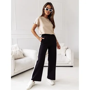 Béžový dámský sportovní komplet - oversize tričko t-shirt a teplákové kalhoty (VE89) odstíny béžové S (36)