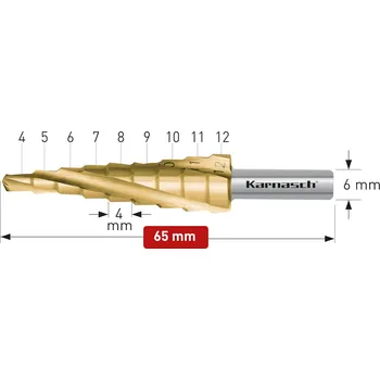 Vrták Karnasch 213001 | Stupňovitý vrták CBN broušený, 3 řezné hrany průměr 4-12 mm, max. hloubka řezání 4 mm
