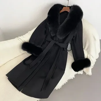 Dámský kabát Vlněný luxusní kabát s páskem a liškou Barva: Černá, Velikost: S