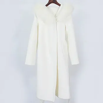 Dámský kabát Luxusní vlněný a kašmírový kabát s pravou kožešinou Barva: Bílá, Velikost: M