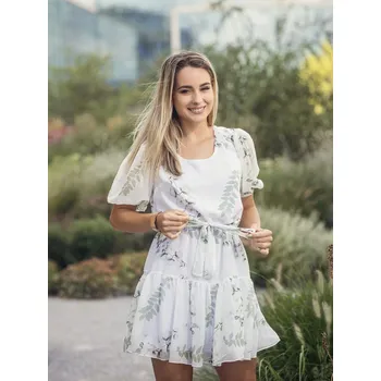Dámské šaty BudesIN Bílé šaty Mirrin se zelenými lístky a páskem Velikost: L