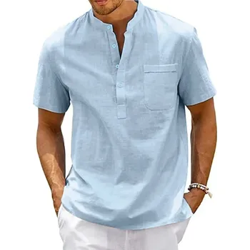 Pánská košile Lněná pánská košile s náprsní kapsou a knoflíky Barva: Světle Modrá, Velikost: 2XL