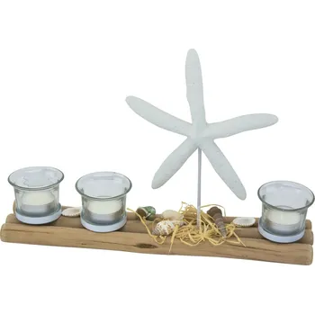 Čajové svíčky s mořskou hvězdicí a mušlemi na naplaveném dřevě 5458