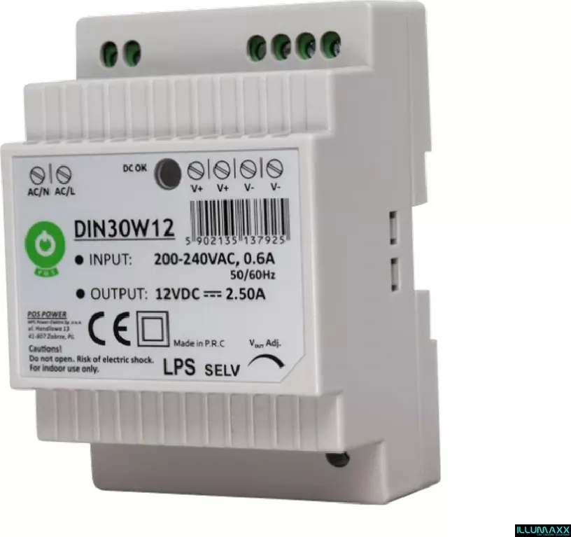 Napájecí zdroj POS DIN30W12, 12V 2,5A 30W IP20 (spínaný napěťový zdroj AC/DC)
