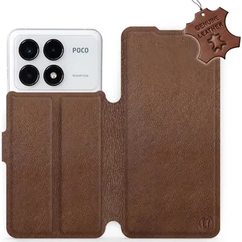 Pouzdro na mobilní telefon Kožené flip pouzdro Mobiwear - Xiaomi Poco F6 Pro 5G - Hnědé (Kožené knížkové pouzdro, obal, kryt na mobil Xiaomi Poco F6 Pro 5G, Hnědé, materiál Genuine Leather, ochrana 360°, stojánek, silikonová vanička, magnetické zavírání)