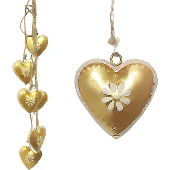 Dekorace, kovová, závěsná, ZLATÁ SRDCE, cca 42 cm, 6 srdíček na provázku