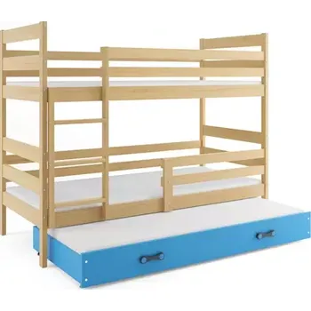BMS GROUP Dětská patrová postel Eryk - 3 osoby, 90x200 s výsuvnou přistýlkou – Borovice, Modrá