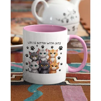 Keramický hrnek Life is better with cats, Barva Růžová, Velikost 330 ml, Canvas Keramický hrnek s barevným uchem Bezvatriko.cz 2729