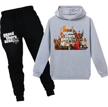 Pohodlná tepláková souprava s potiskem GTA 5 (Grand Theft Auto V) - 2 barevné varianty Barva: 22 (černé kalhoty + šedá mikina), Velikost: 100 (3-4 roky)