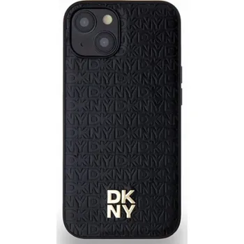 Pouzdro na mobilní telefon DKNY DKHMP14SPSHRPSK iPhone 14 / 15 / 13 černé/černé pevné pouzdro Kožený Monogram Vzor Kovové Logo MagSafe