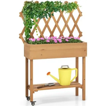 Vyvýšený záhon Costway Vyvýšený květináč / záhon s treláží a odkládací policí, jedlové dřevo, 90 x 29 x 129 cm GT4200NA
