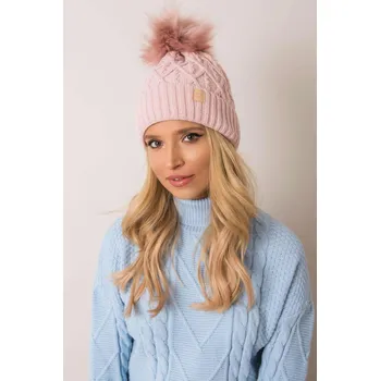 Čepice Dámská čepice s kožešinkovou bambulí model 0974 pudrově růžová