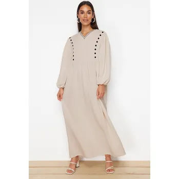 Trendyol Beige V-Neck Detailed Woven Linen Look Dress Trendyol krémová 2792003