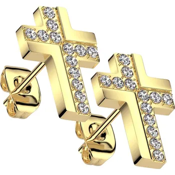 Náušnice Šperky4U Zlacené ocelové náušnice křížky se zirkony - OPN1985-GD