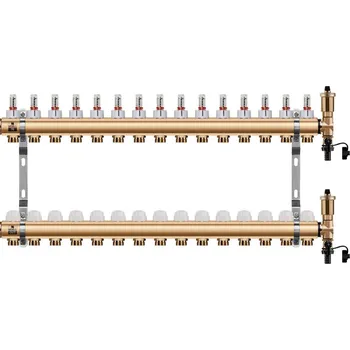 rozdělovač topení Wigell Podlahový rozdělovač WIGELL, 15 okruhů, mosazný + automatické odvzdušňování