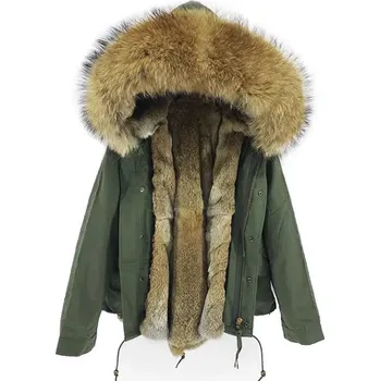 Dámská parka Luxusní parka, podšívka z králíka a kožešinová kapuce mýval Velikost: L, Barva (Varianta): Zelená krátké