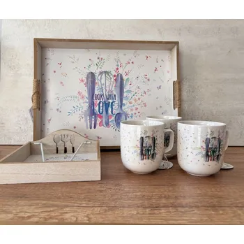 Tác na servírování, držák ubrousků a hrnečky Design: Držák na ubrousky