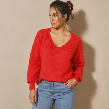 Dámský svetr Pulovr s výstřihem do V mohérový na dotek červená 50
