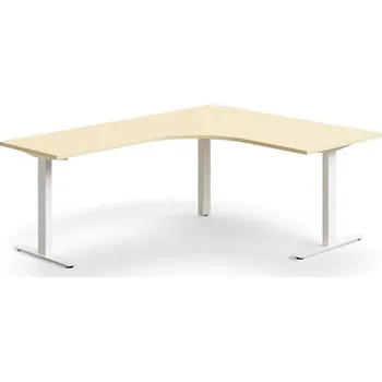 Psací stůl Rohový psací stůl QBUS, T-nohy, 1600x2000 mm, bílá podnož, bříza