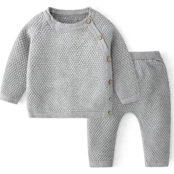 Kojenecké oblečení 2-dílná kojenecká pletená souprava svetřík dlouhý rukáv a tepláčky Barva: Šedá, Velikost: 6-12 měsíců 