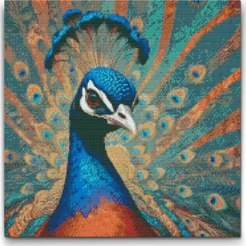Diamantové malování Diamantové malování - Páv v odstínech tyrkysové a oranžové Velikost: 50x50cm, Rámování: Pouze srolované plátno, Diamanty: Kulaté