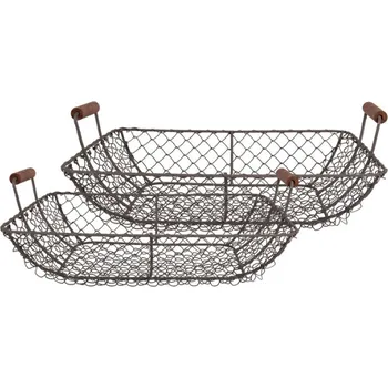 Úložný box Set 2 hnědých drátěných úložných košíků s dřevěnými úchytkami Kerneels – 40x34x14 cm