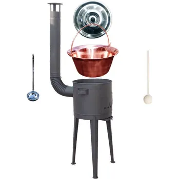 Kempingové nádobí Měděný kotlík 20 L (1,2 mm) + žáruvzdorná kotlina s vysokými nožičkami (1,5 mm) HODO 42 cm PLUS 600 + vařečka + naběračka