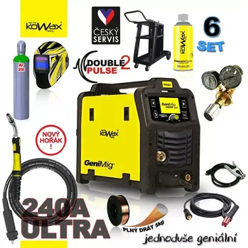 Svářečka KOWAX® GeniMig®240DP LCD MIG/MAG/LiftTIG/MMA SET06A + SAMOSTMÍVACÍ KUKLA + LAHEV AR 20L + VENTIL + VOZÍK + DRÁT + HOŘÁK