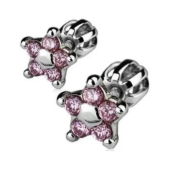 Náušnice Stříbrné náušnice na šroubek - kytičky, světle růžové zirkony