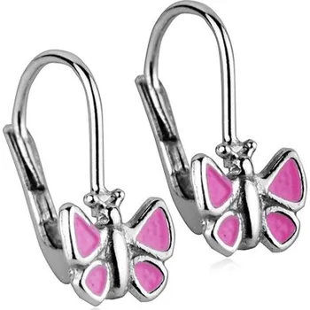 Náušnice Dívčí stříbrné náušnice - růžoví motýlci