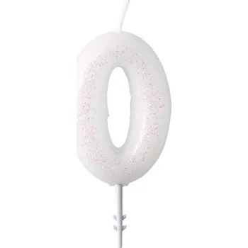 Dortová svíčka Narozeninová svíčka bílá se třpytkami "číslo 0", 4,5 cm