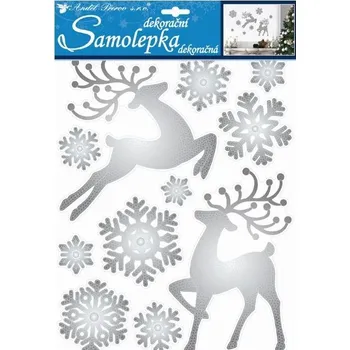 Vánoční dekorace Samolepky jeleni a vločky lesklé stříbrné 35x27,5