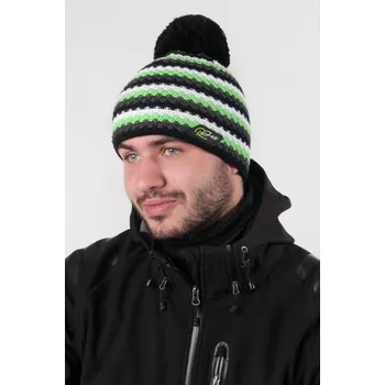 Čepice R-JET Pánská zimní pletená čepice s bambulí a šedými pruhy s výraznou zelenou proužkou