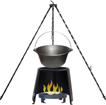 Kempingové nádobí Litinový kotlík 7,2 L + chránič plamene (Ohnisko) 32 cm + přenosné ohniště 36 cm, klasická ocelová trojnožka 1,2 m