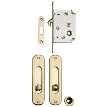 Zámek pro posuv. dveře + úchytové mušle, dorn 50, čtyřhran 8 mm, mosaz leštěná