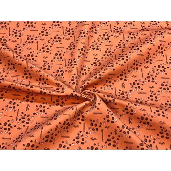 Bavlněný satén nápisy a kávová zrnka na rezavé - Vzor od Mamtex.cz