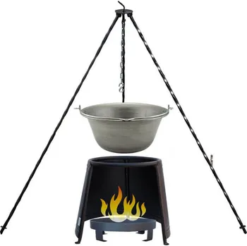 Kempingové nádobí Železný kotlík 10 L (0,75 mm) + chránič plamene (Ohnisko) 37 cm + přenosné ohniště 36 cm + klasická ocelová trojnožka 1,2 m