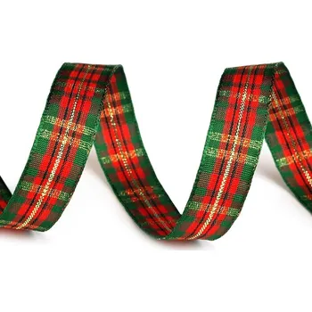 Károvaná stuha s lurexem šíře 15 mm vánoční, barva 1 červená