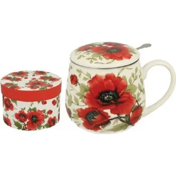 DUO Gifts DG - Porcelánový hrnek s víčkem a kov. sítkem v dárkové krabičce v dekoru VLČÍ MÁK - 430 ml