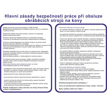 Hlavní zásady bezp. práce při obsluze obráběcích strojů na kovy samolepící vinylová fólie A3 (420 x 297 mm)