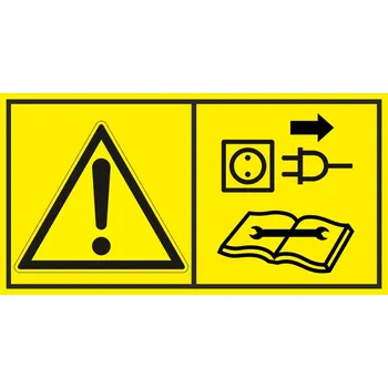 Výstraha - Před údržbou a opravou strojů odpojte ze sítě samolepící vinylová fólie 88 x 168 mm