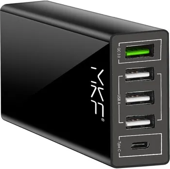MKF-QC3AC5, USB nabíječka, 1× USB QC3.0, 3× USB 5 V / 2,4 A, 1× USB C 5 V / 3A, Multi charge, černá