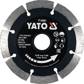 Řezný kotouč Diamantový kotouč YATO, řezný segmentový 115x22,2x1,8mm s vysokým segmentem 10mm YT-59961