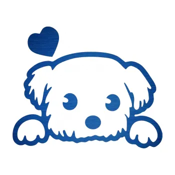 Polep vozidla Pes 057 levá se srdíčkem (65 - škrábaný kov modrý) SAMOLEPKA NA AUTO, NÁLEPKA, FÓLIE, POLEP, TUNING, VLASTNÍ TEXT, TISK, AUTOSAMOLEPKY.cz, POLEPY, OBRÁZEK, LOGO, 3D STICKERS