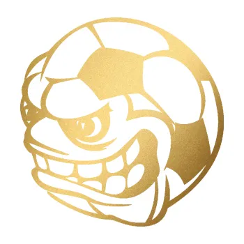 Samolepicí dekorace na vozidlo Fotbalový míč 003 levá s obličejem (43 - zlatá metalíza) SAMOLEPKA NA AUTO, NÁLEPKA, FÓLIE, POLEP, TUNING, VLASTNÍ TEXT, TISK, AUTOSAMOLEPKY.cz, POLEPY, OBRÁZEK, LOGO, 3D STICKERS