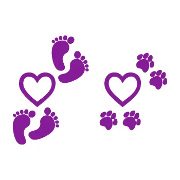 Samolepicí dekorace na vozidlo Dítě v autě 079 pravá nožičky a tlapky se srdíčkem (14 - fialová) SAMOLEPKA NA AUTO, NÁLEPKA, FÓLIE, POLEP, TUNING, VLASTNÍ TEXT, TISK, AUTOSAMOLEPKY.cz, POLEPY, OBRÁZEK, LOGO, 3D STICKERS